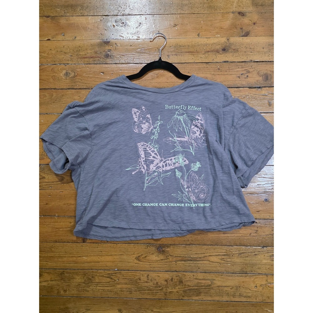 Outlaw Butterfly Effect Graphic Crop T-Shirt Gray XL Slub Knit Short Sleeve Tee